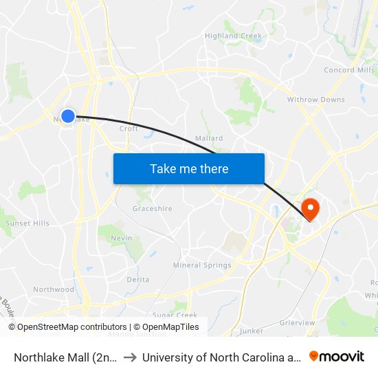 Northlake Mall (2nd Stop) to University of North Carolina at Charlotte map