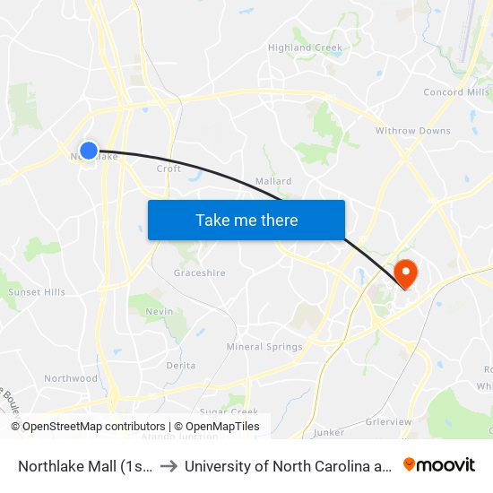 Northlake Mall (1st Stop) to University of North Carolina at Charlotte map