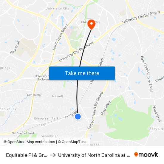 Equitable Pl & Grier Rd to University of North Carolina at Charlotte map