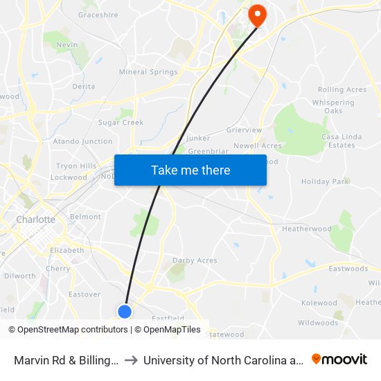 Marvin Rd & Billingsley Rd to University of North Carolina at Charlotte map