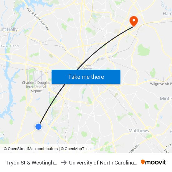 Tryon St & Westinghouse Blvd to University of North Carolina at Charlotte map