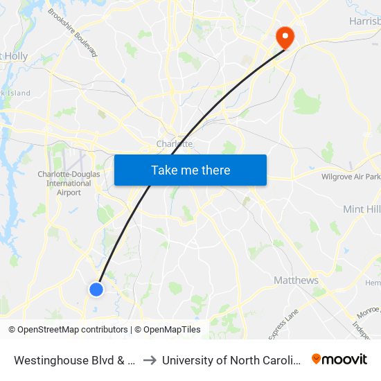 Westinghouse Blvd & Texland Blvd to University of North Carolina at Charlotte map