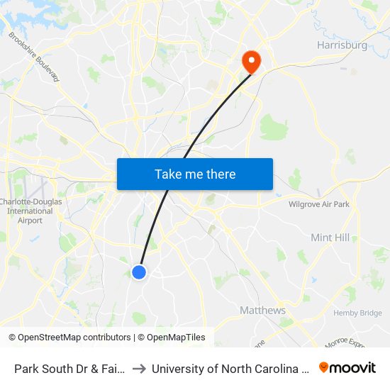 Park South Dr & Fairview Rd to University of North Carolina at Charlotte map