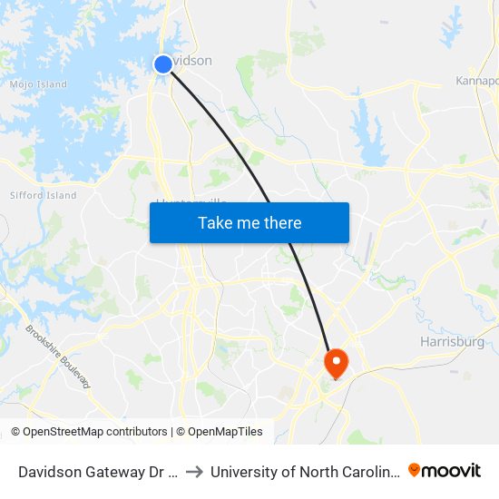 Davidson Gateway Dr & Griffith St to University of North Carolina at Charlotte map