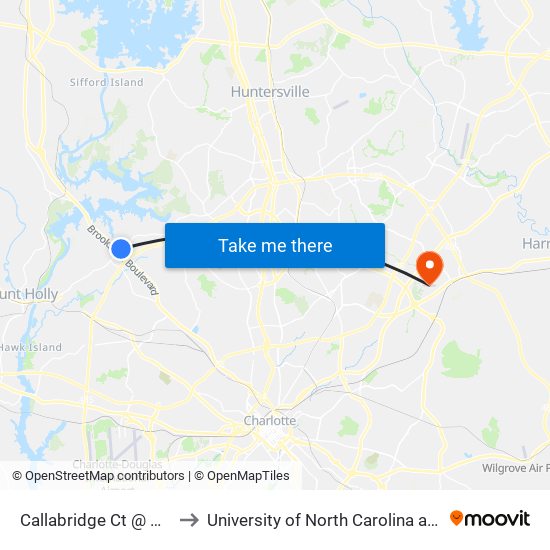 Callabridge Ct @ Walmart to University of North Carolina at Charlotte map