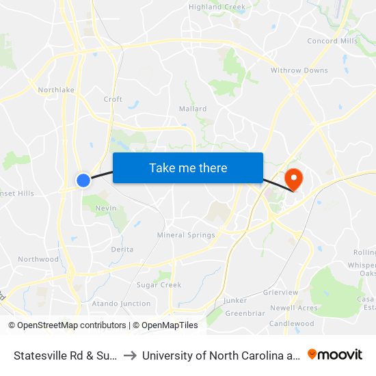 Statesville Rd & Sunset Rd to University of North Carolina at Charlotte map