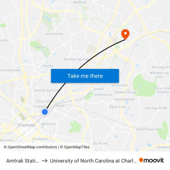 Amtrak Station to University of North Carolina at Charlotte map