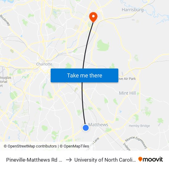 Pineville-Matthews Rd & Schooner Ln to University of North Carolina at Charlotte map