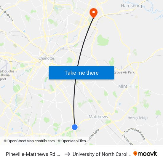 Pineville-Matthews Rd & Arboretum Dr to University of North Carolina at Charlotte map