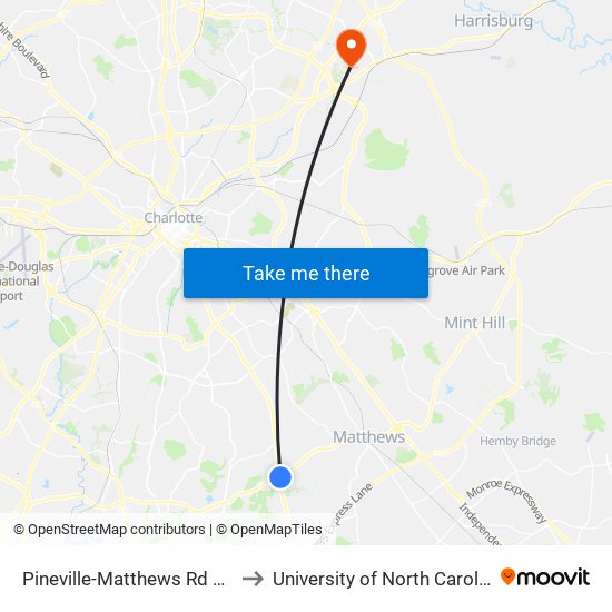 Pineville-Matthews Rd & Arboretum Dr to University of North Carolina at Charlotte map