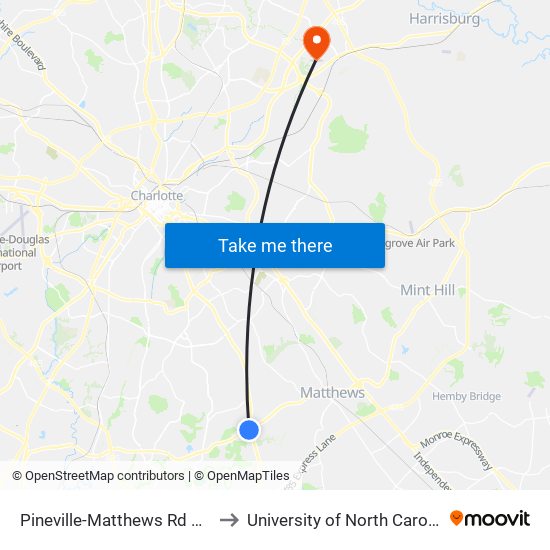Pineville-Matthews Rd & Providence Rd to University of North Carolina at Charlotte map