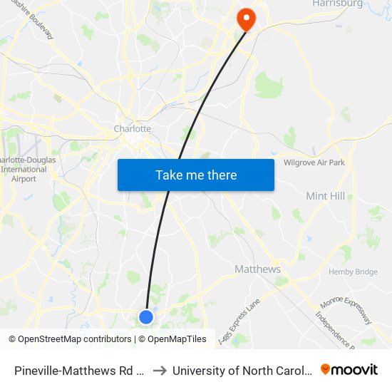Pineville-Matthews Rd & Baybrook Ln to University of North Carolina at Charlotte map