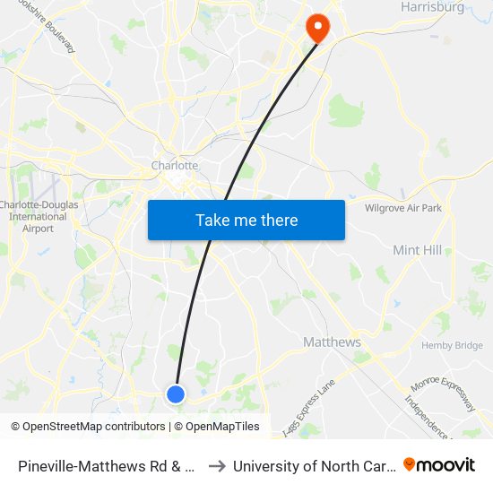 Pineville-Matthews Rd & Carmel Executive Dr to University of North Carolina at Charlotte map