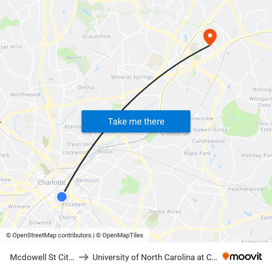 Mcdowell St Citylynx to University of North Carolina at Charlotte map