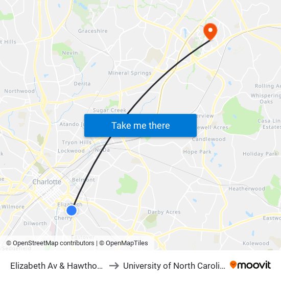 Elizabeth Av & Hawthorne Ln Citylynx to University of North Carolina at Charlotte map