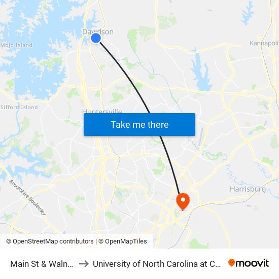 Main St & Walnut St to University of North Carolina at Charlotte map