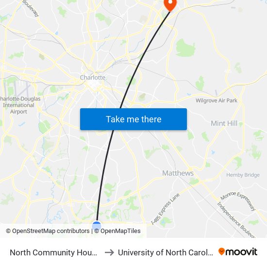 North Community House Rd @ 11605 to University of North Carolina at Charlotte map