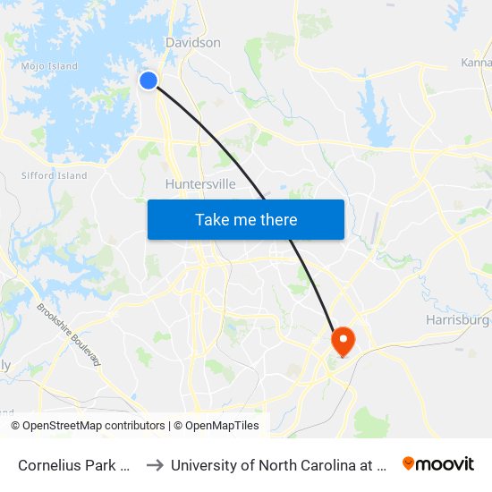 Cornelius Park & Ride to University of North Carolina at Charlotte map