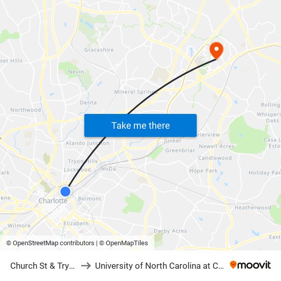 Church St & Tryon St to University of North Carolina at Charlotte map