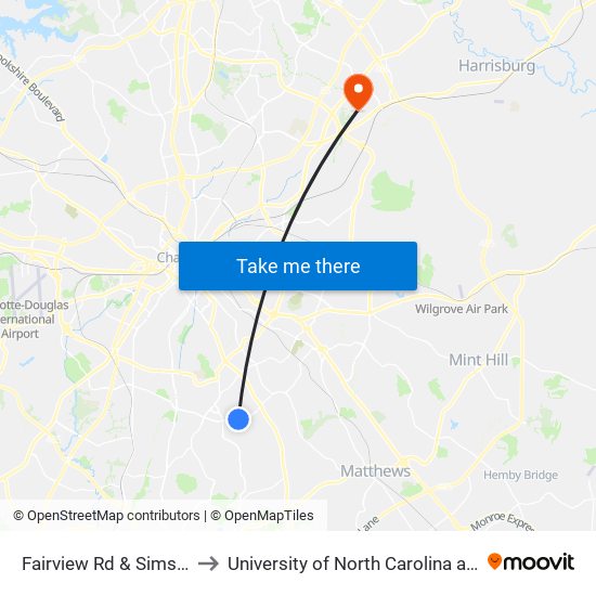 Fairview Rd & Simsbury Rd to University of North Carolina at Charlotte map