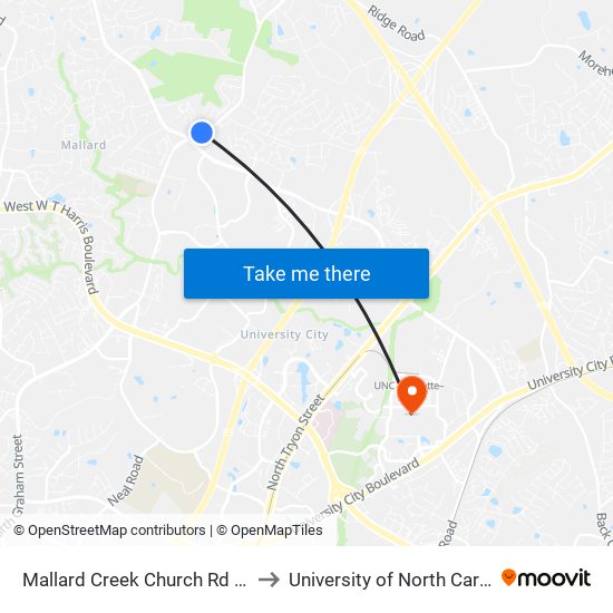 Mallard Creek Church Rd & Crescent View Dr to University of North Carolina at Charlotte map