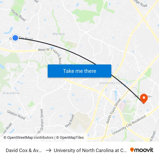 David Cox & Avonlea to University of North Carolina at Charlotte map