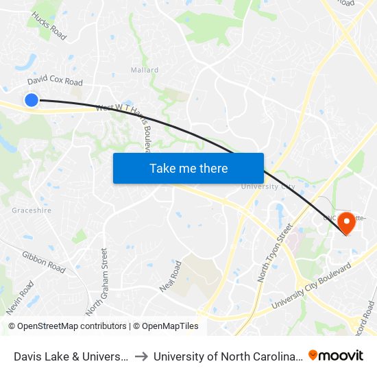 Davis Lake & University Station to University of North Carolina at Charlotte map