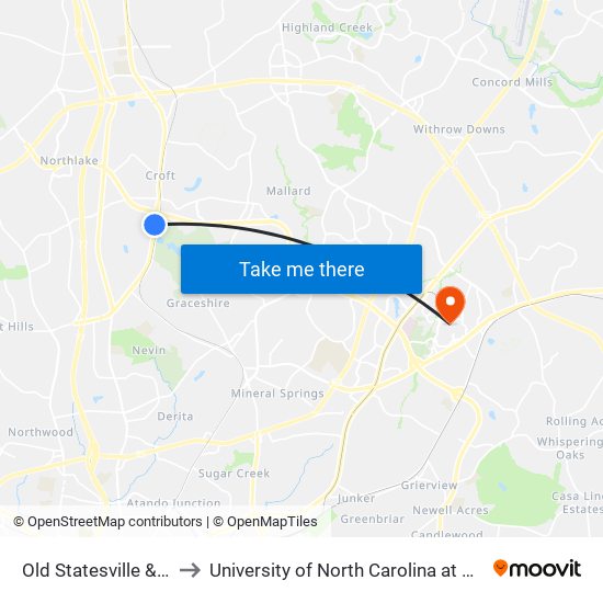 Old Statesville & Twin to University of North Carolina at Charlotte map