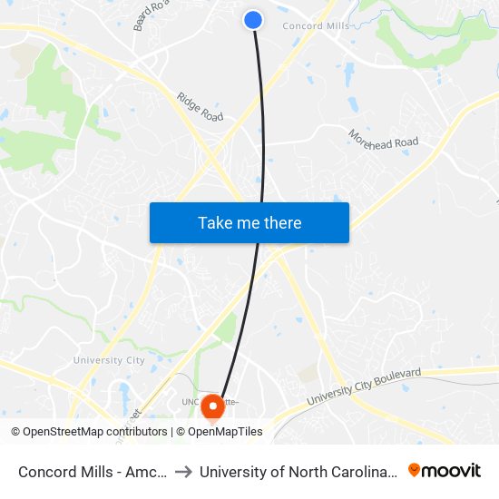Concord Mills - Amc Theaters to University of North Carolina at Charlotte map