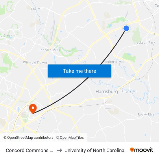 Concord Commons & Walmart to University of North Carolina at Charlotte map