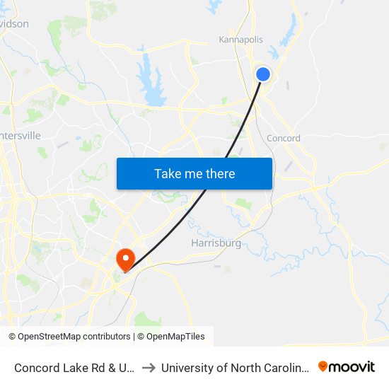 Concord Lake Rd & University Dr to University of North Carolina at Charlotte map