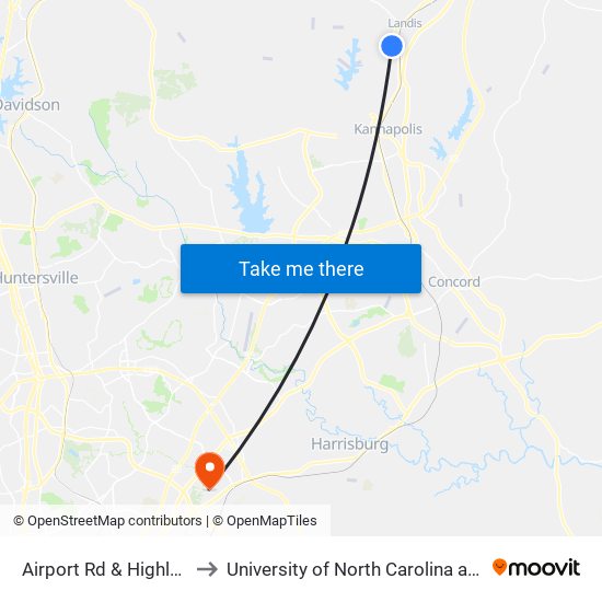 Airport Rd & Highland Ave to University of North Carolina at Charlotte map