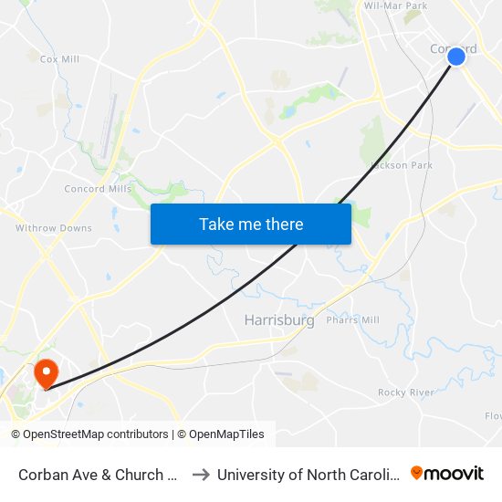 Corban Ave & Church St (Outbound) to University of North Carolina at Charlotte map