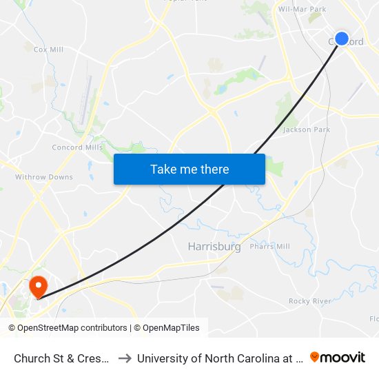 Church St & Creswell Dr to University of North Carolina at Charlotte map