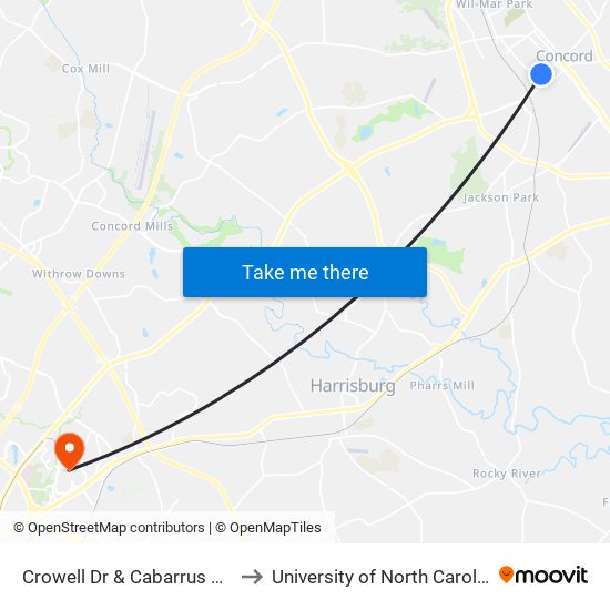 Crowell Dr & Cabarrus Ave (Outbound) to University of North Carolina at Charlotte map