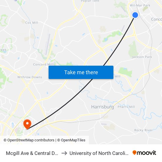 Mcgill Ave & Central Dr (Outbound) to University of North Carolina at Charlotte map