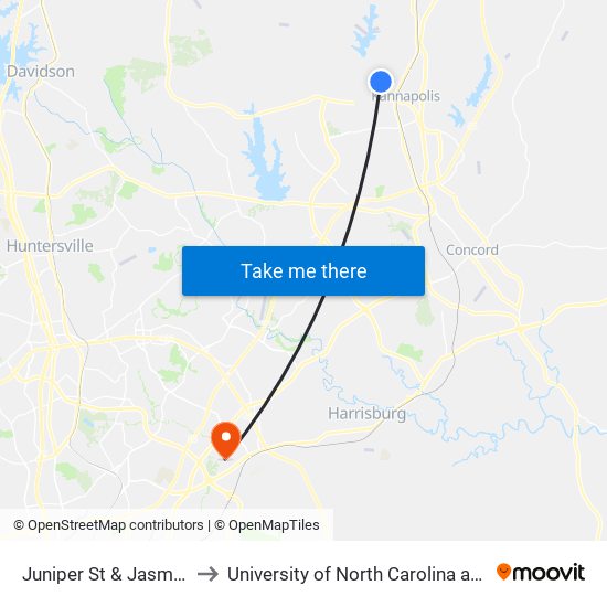Juniper St & Jasmine Ave to University of North Carolina at Charlotte map