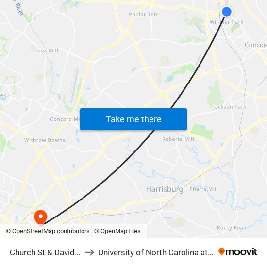 Church St & Davidson Dr to University of North Carolina at Charlotte map