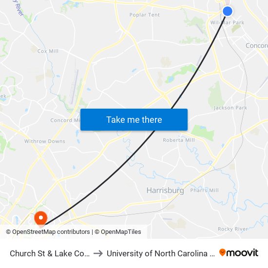 Church St & Lake Concord Rd to University of North Carolina at Charlotte map