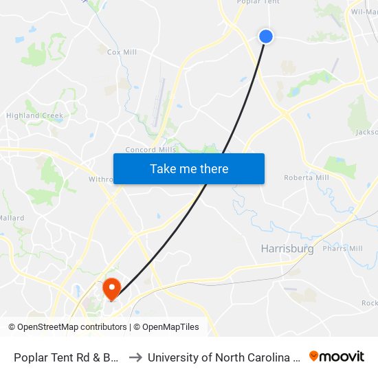 Poplar Tent Rd & Berwick Ct to University of North Carolina at Charlotte map