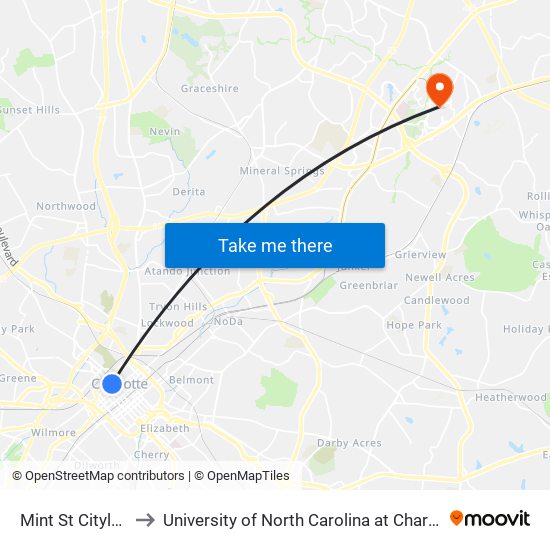 Mint St Citylynx to University of North Carolina at Charlotte map