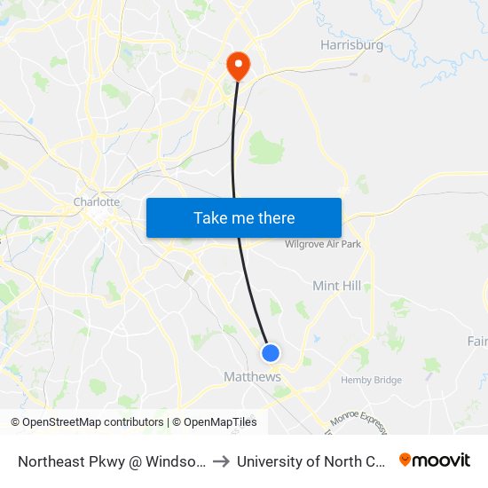 Northeast Pkwy @ Windsor Landing Apartments to University of North Carolina at Charlotte map