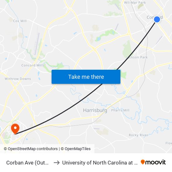 Corban Ave (Outbound) to University of North Carolina at Charlotte map