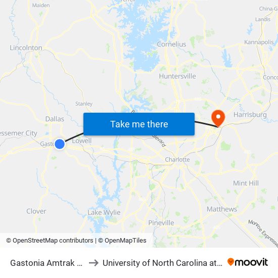 Gastonia Amtrak Station to University of North Carolina at Charlotte map