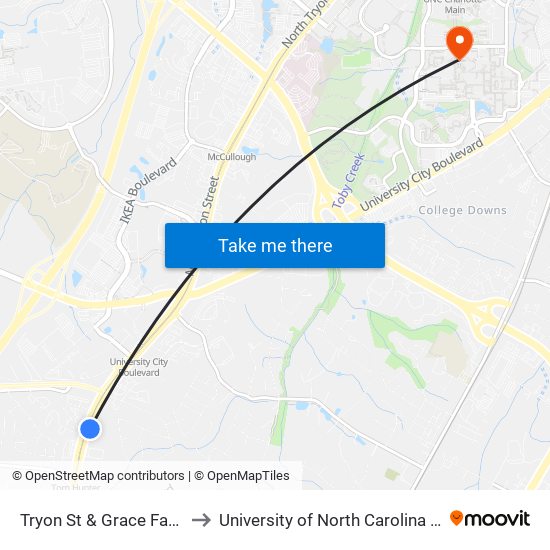 Tryon St & Grace Farms Drive to University of North Carolina at Charlotte map