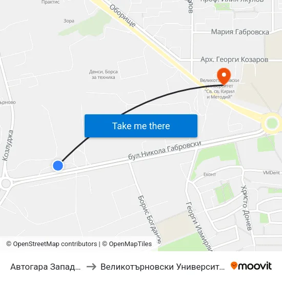 Автогара Запад / West Bus Station to Великотърновски Университет ""Св. Св. Кирил И Методий"" map