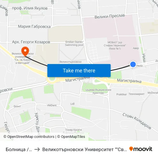 Болница / Hospital to Великотърновски Университет ""Св. Св. Кирил И Методий"" map