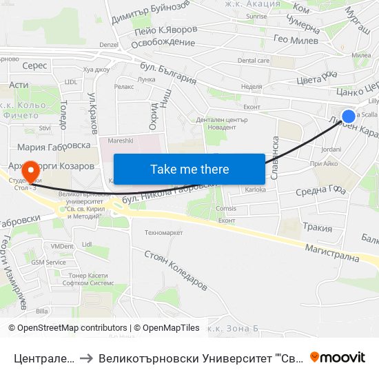 Централен Пазар / Central Market to Великотърновски Университет ""Св. Св. Кирил И Методий"" map