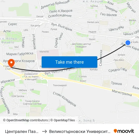 Централен Пазар / Central Market to Великотърновски Университет ""Св. Св. Кирил И Методий"" map