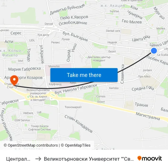 Централен Пазар to Великотърновски Университет ""Св. Св. Кирил И Методий"" map